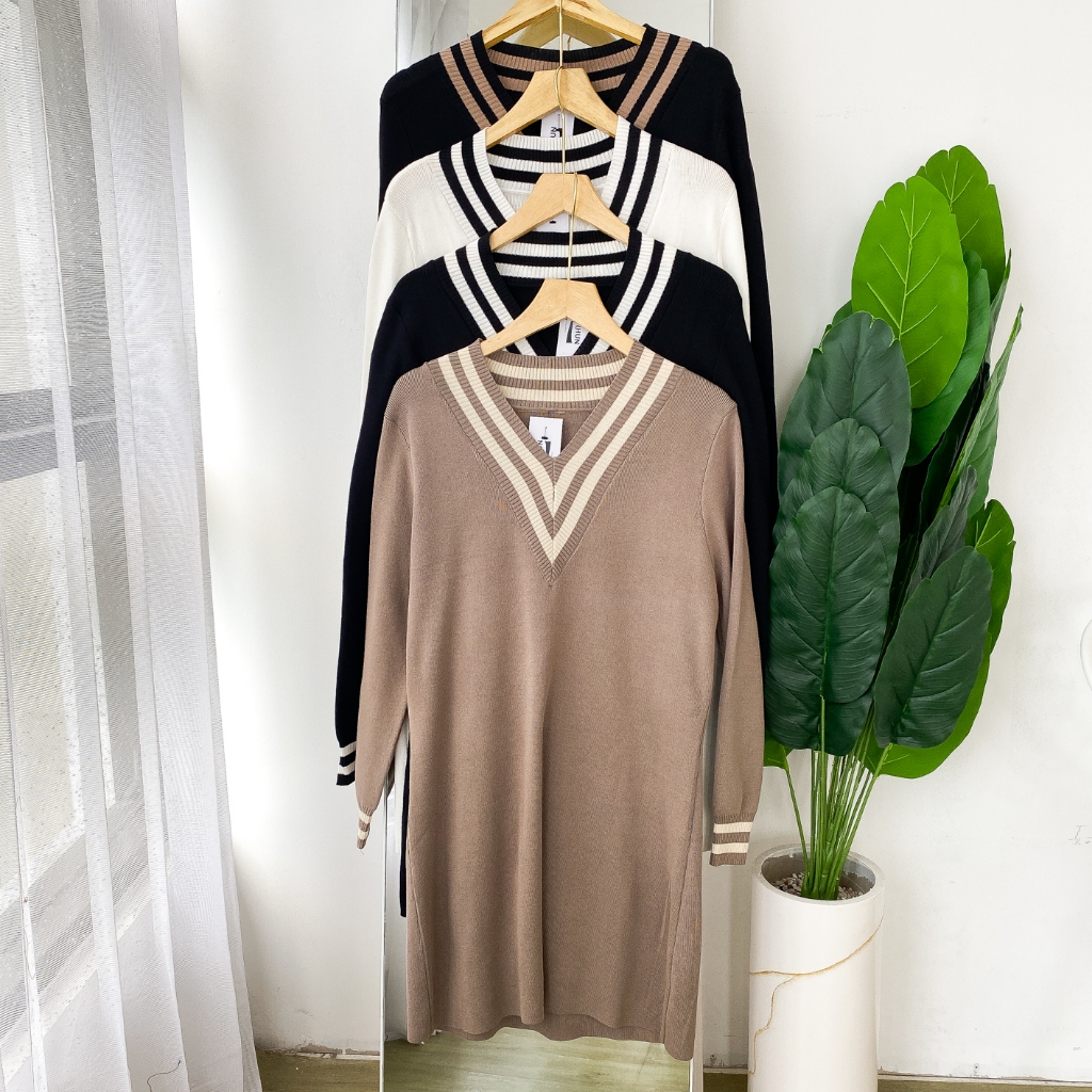 Tunik Wanita Lengan Panjang Calliope Rajut Knit V-Neck Import Polos Korean Style Bodycon Allsize / S