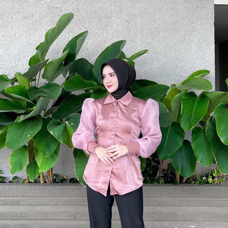 Top Puffy | Blose Satin Mix Organza Blouse Balon Kondangan