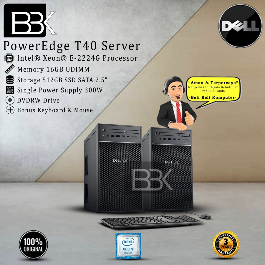 Server Dell PowerEdge T40 Xeon E-2224G 16GB 512GB SSD SATA DVDRW 3YR