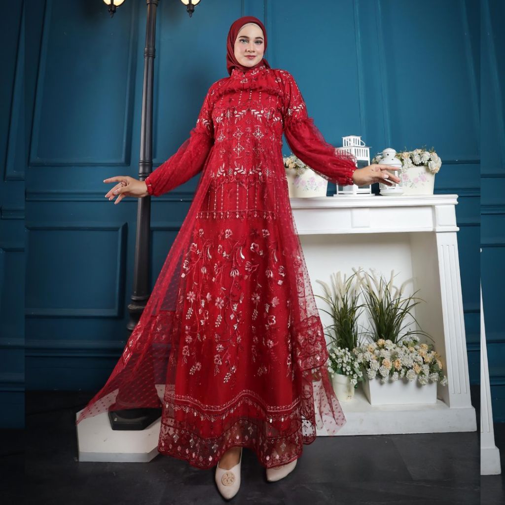 RAISHA-Gamis Brukat JEEHAN Dress Kondangan Full Tile Brokat Bordir Keliling Mix Tile Dot Untuk Gamis