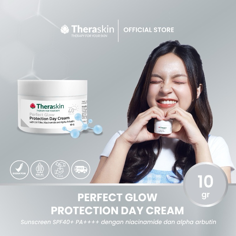 Theraskin Perfect Glow Protection Day Cream 10g - Sunscreen SPF40+ PA++++ dengan Niacinamide, Alpha Arbutin, dan Vitamin E untuk melindungi kulit kusam dan flek dari paparan sinar matahari
