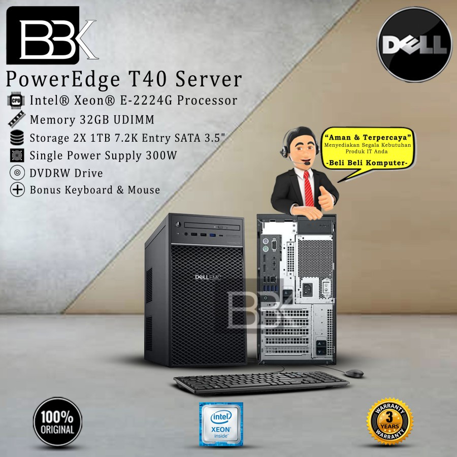 Server Dell PowerEdge T40 Xeon E-2224G 32GB 2TB SATA DVDRW 3YR