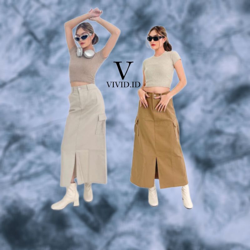 VIVID - Rok Cargo Skirt Wanita Belah Tengah Kekinian Warna Hitam Grey Mocca Cream Coksu Original Kor
