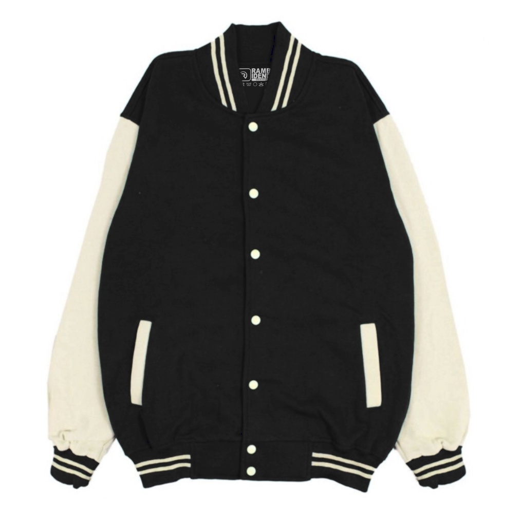 Terlaris Rambidend  Jaket Varsity Distro Polos Keren Hitam Cream Unisex Dewasa