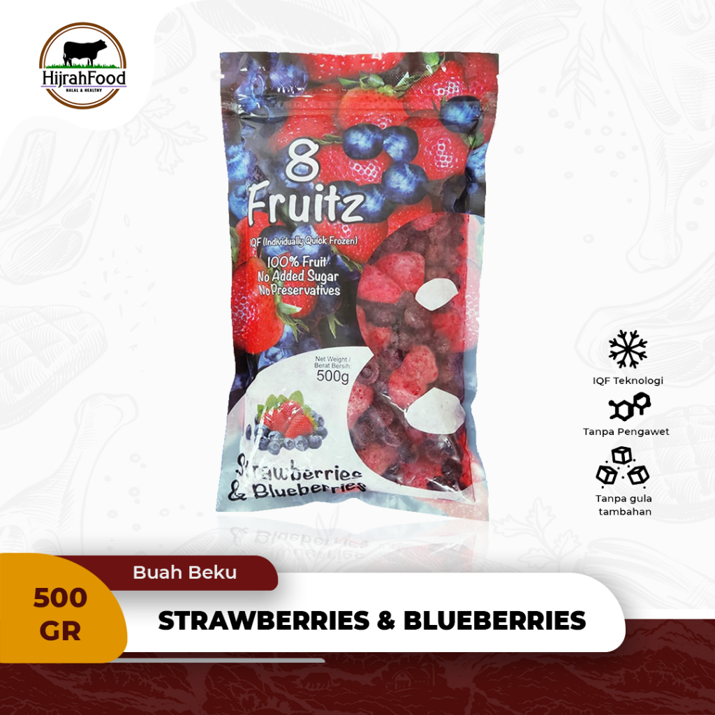 

8 Fruitz Buah Beku Frozen IQF Mixed Berries Strawberries & Blueberries 500 gram