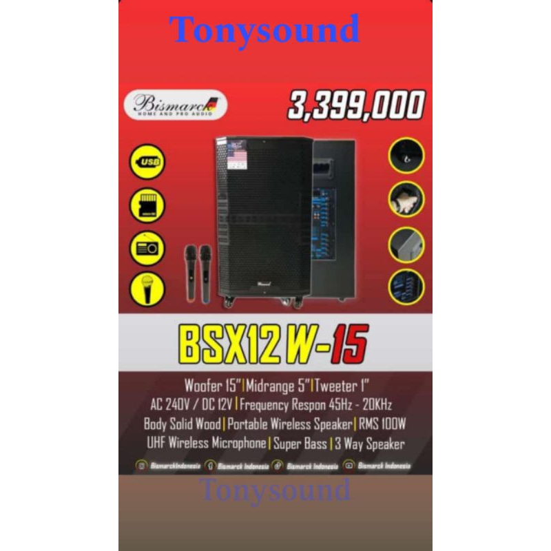 Speaker portabel Bismarck BSX12W 15 Portabel 15 Inch body kayu 2 mic