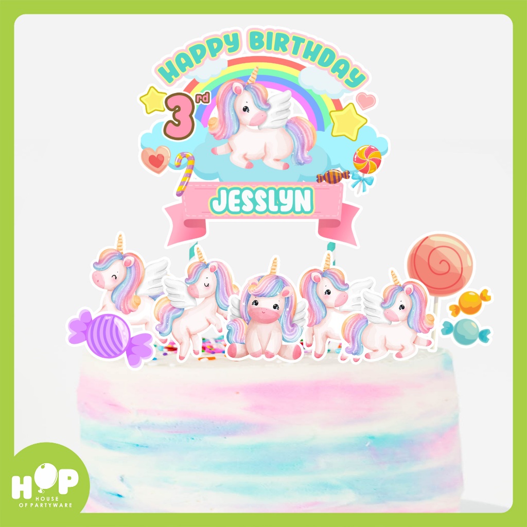 Cake Topper Unicorn + Custom Nama Umur Hiasan Kue Ulang Tahun HBD