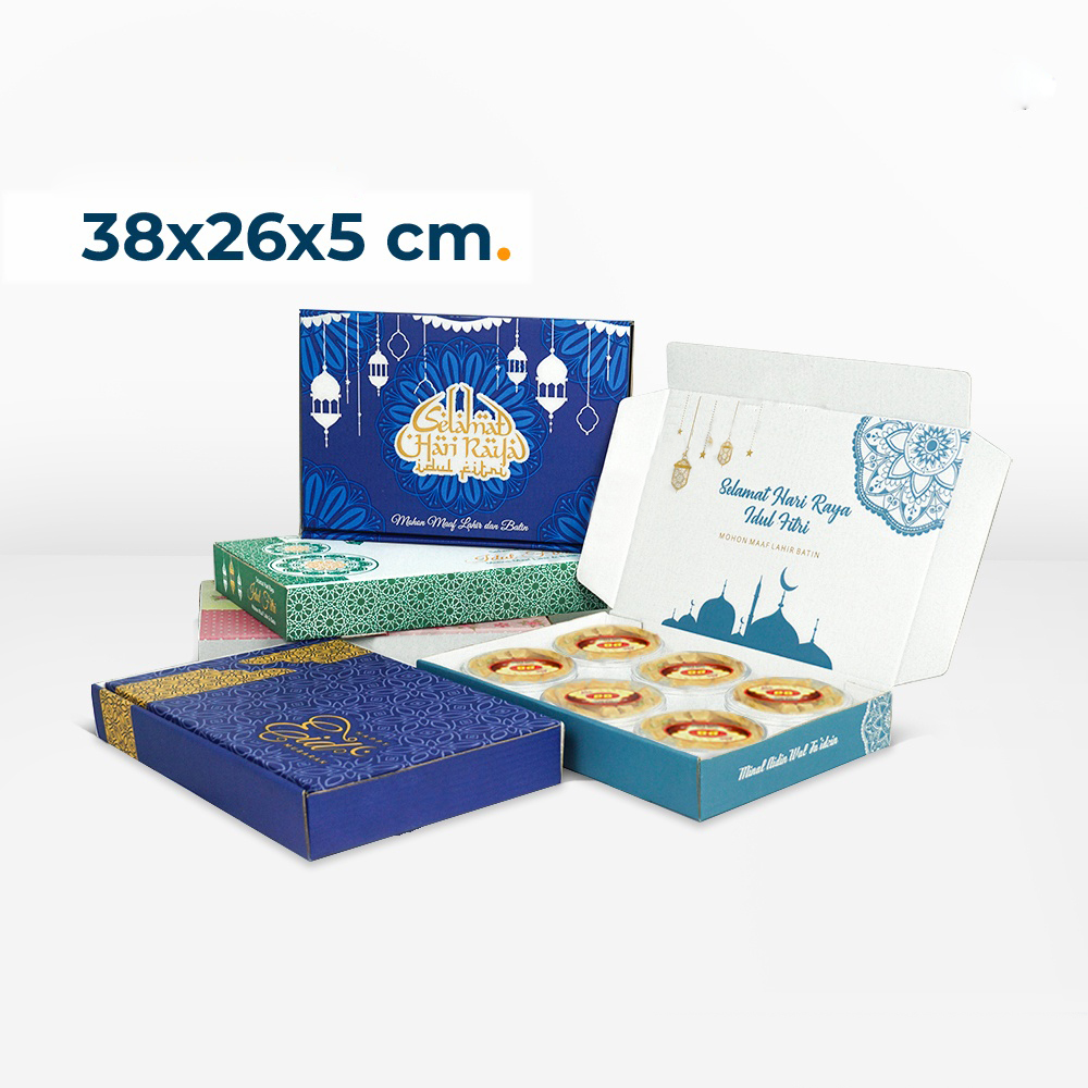 

Box Hampers Lebaran Ukuran 38x26x5.5 cm Kotak Kue Kering 6 toples 250gr Kardus Packaging Idul Fitri