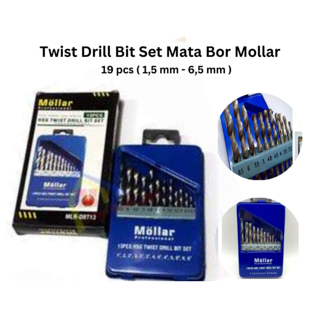 Mollar Mata bor besi set isi 13 pcs 1,5mm - 6,5mm / HSS TWIST DRILL BIT SET 13pcs / Mata Bor Besi Se