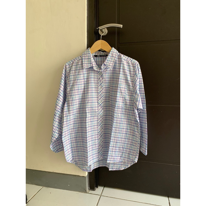 Kemeja Zara Wanita Import Motif Kotak biru
