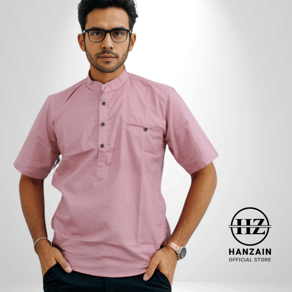 BAJU KEMEJA KOKO KEMKO PENDEK COUPLE PRIA AYAH ANAK - DUSTY PINK - KATUN - HANZAIN