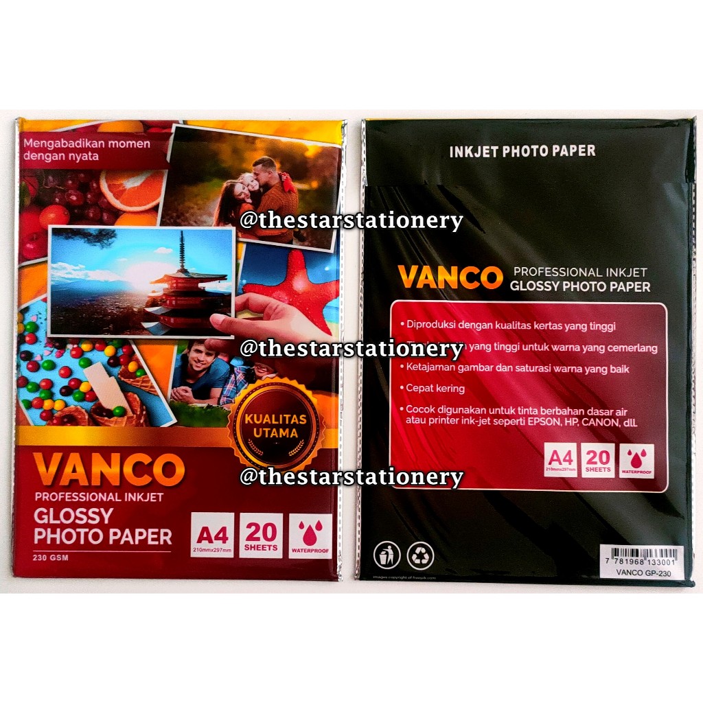 

(1 Pak Isi 20 Pcs) GROSIR Kertas Foto Glossy Vanco GP-230 A4 230 Gsm / Glossy Photo Paper Murah