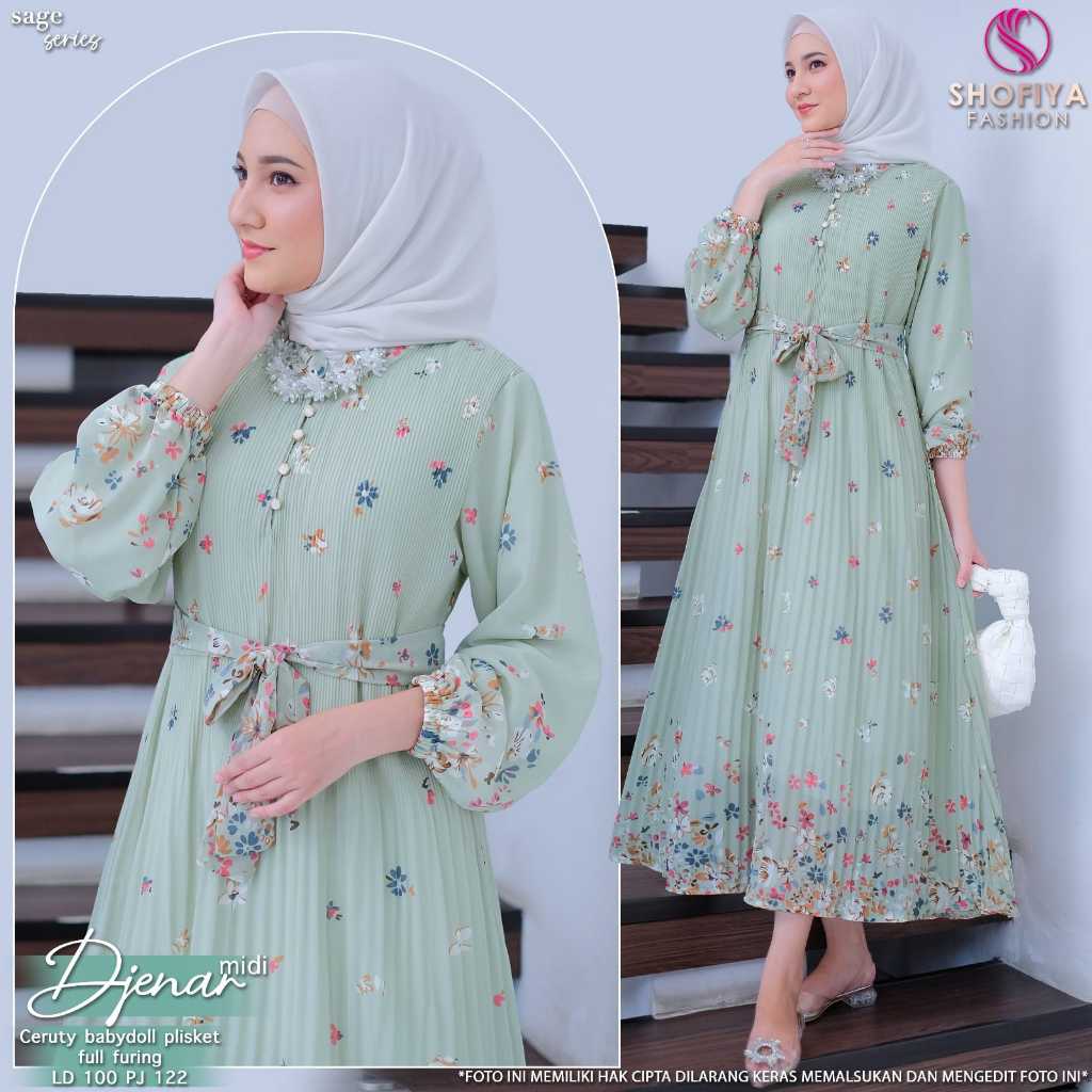 djenar dress dres gamis baju pakaian busana midi longdres ld 100 fit to L bahan ceruty motif bunga c