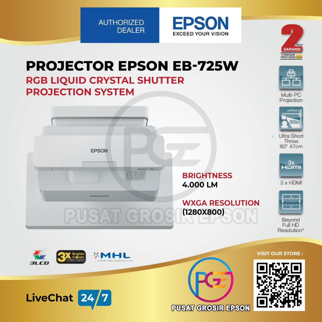 Projector Epson EB-725W EB725W EB 725W WXGA 4000 Lumens