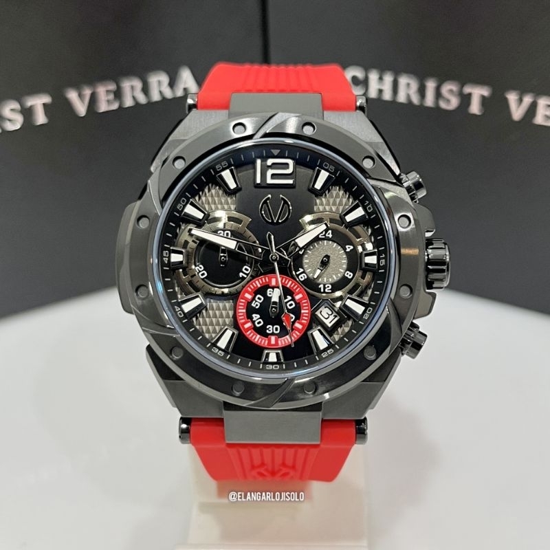 JAM TANGAN PRIA CHRIST VERRA CV 53604G-36 BLK/RED RUBBER ORIGINAL