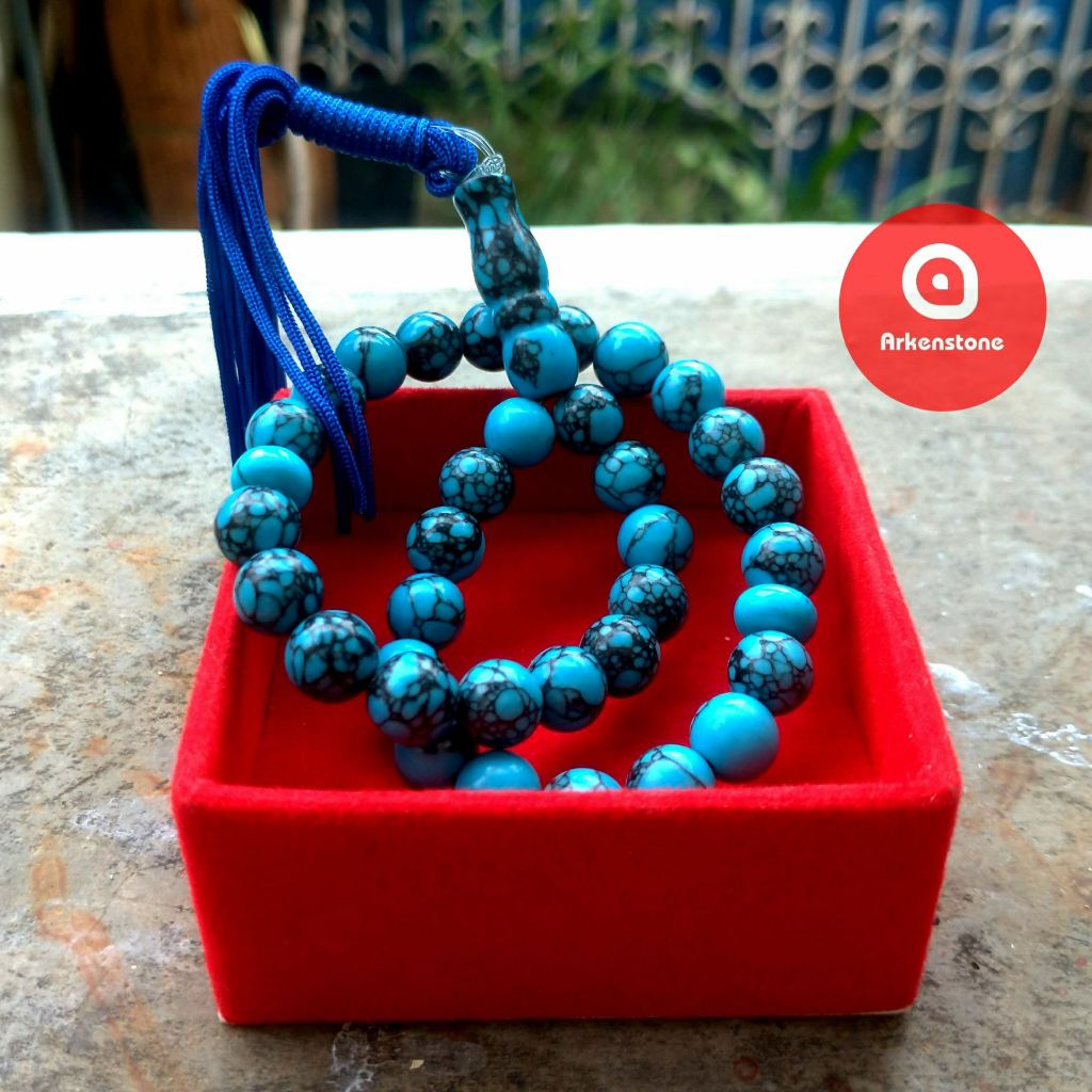 Tasbih Batu Asli Pirus Biru Corak Unik 33 Butir