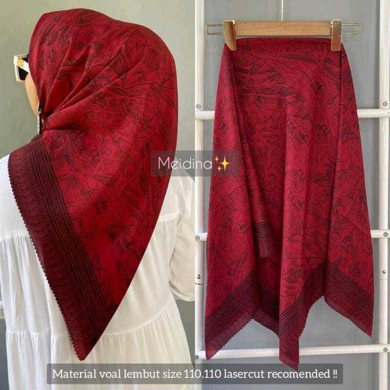 Jilbab Voal Motif Finishing Laser Cut Printing | Jilbab Segi Empat Premium Gunung Maroon