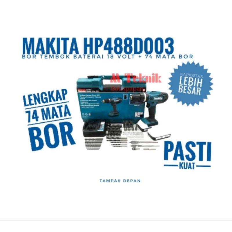 Bor tembok Baterai cas 18 Volt Makita HP488D003 + 74 mata bor Hammer Cordless Drill beton hp 488 13 