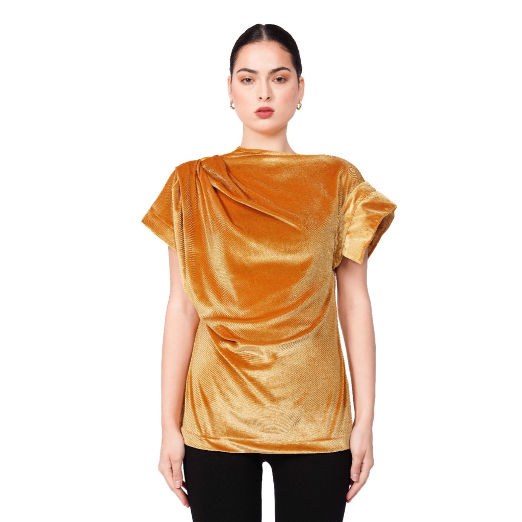 Nagita Slavina Velvet Assymetric Blouse in Mustard