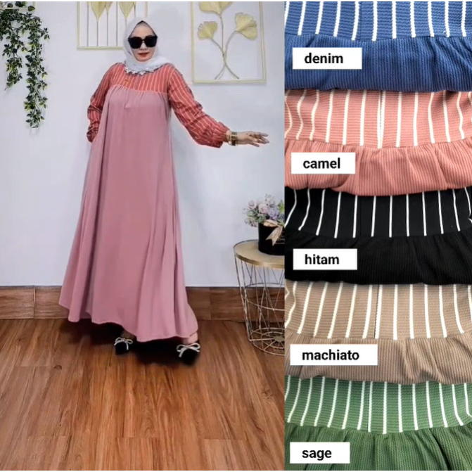 Aa_Baju Midi Dres Dress Gamis Kaftan Wanita Perempuan Motif Garis Warna Soft Bahan Knit Model Terbaru Ukuran All Size Adem Termurah / Midi Dres Knit Terbaru / Baju Dres Gamis Lebaran Terbaru / Baju Wanita Terbaru