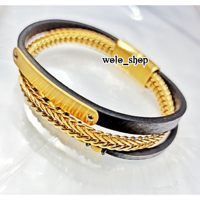 Gelang kulit Pria Super Keren / Gelang kulit Kombinasi Titanium