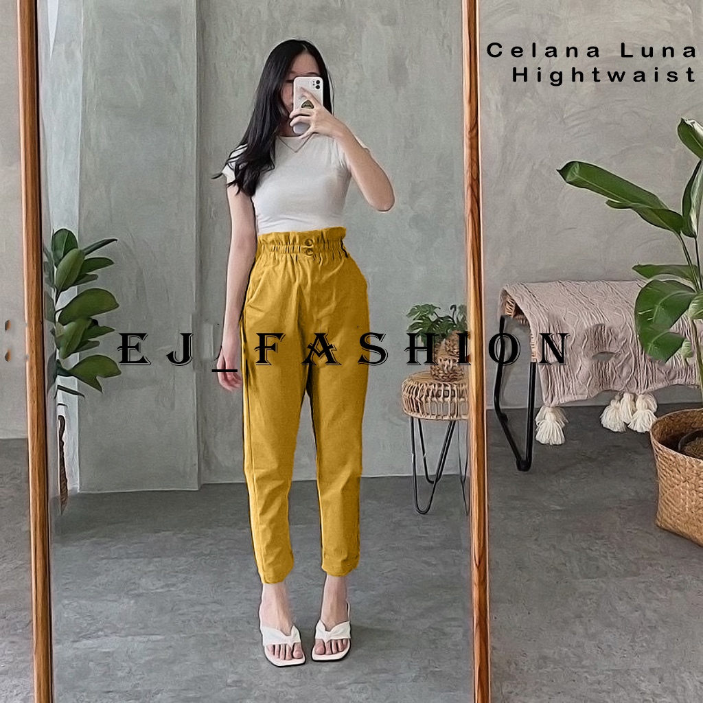 NEW ARRIVAL` EJ Fashion Celana Wanita Kulot Luna Pensil Panjang Highwaist Kerut Susun Kancing 2