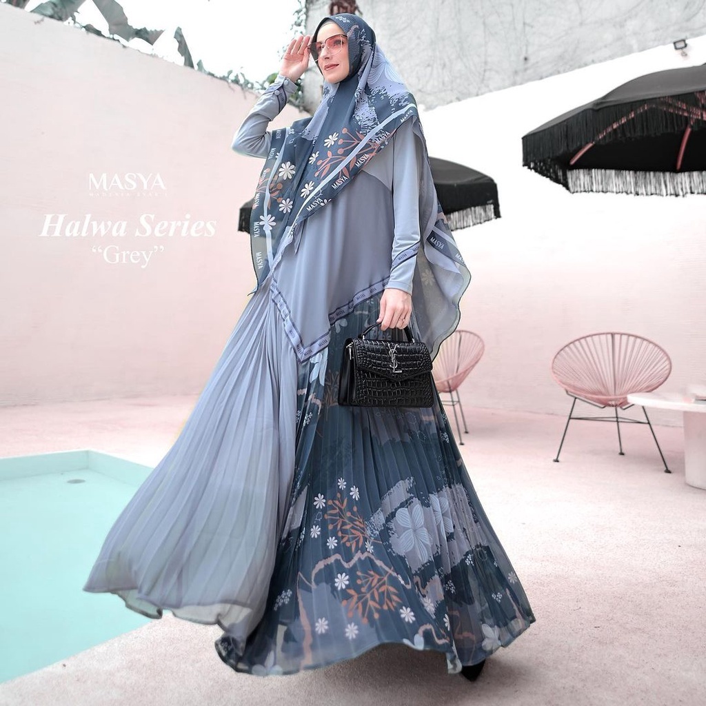 Set Gamis Dress Ceruty Babydoll Printing Premium Syari Branded Merah Maroon - Broken White - Ungu - 