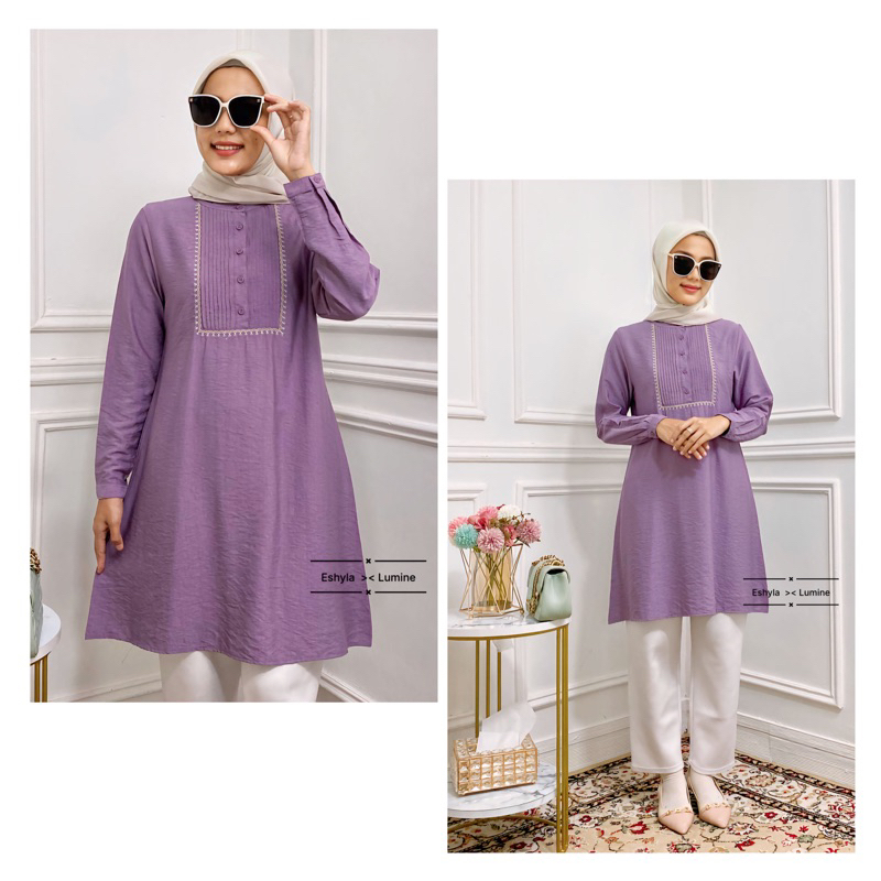 NARRA TUNIK By. ESHYLA- TUNIK WANITA POLOS KATUN LINEN CRINKLE BORDIR OPNAISEL