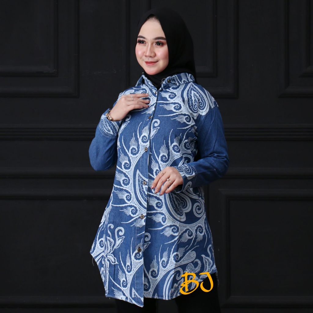 Tunik Jeans Batik Lukis Biru Navy Wanita Atasan Denim Lengan Panjang Lady Rock M L XL
