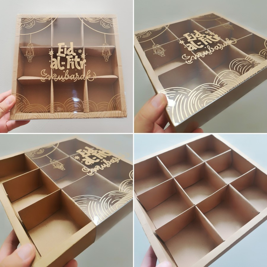 

(5 pcs) box hempers lebaran dus sekat 9 tutup mika transparan packaging egg tart edisi idul fitri
