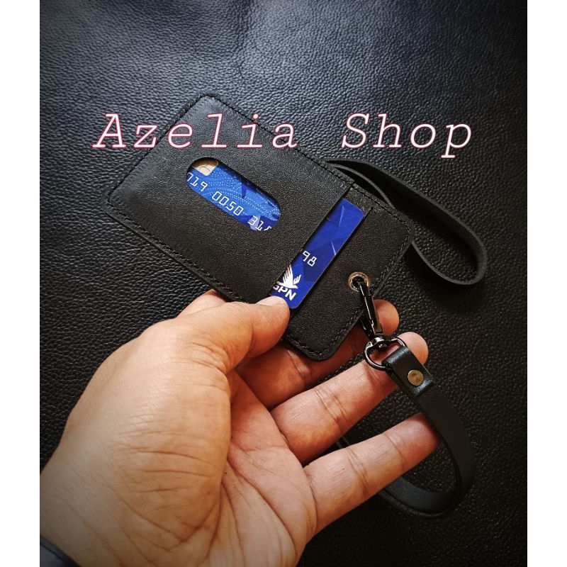 

name tag tali kulit asli-id card holder pria-wanita