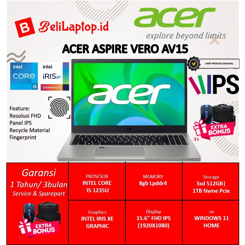 Laptop kerja acer aspire vero Av15 intel Core i5 8gb 1tb ssd 15 inch