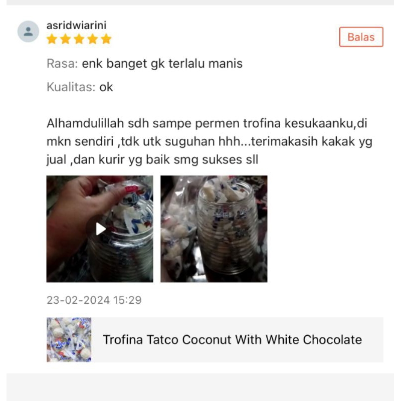 

RB22 Trofina Tatco Coconut With White Chocolate Coklat Viral Coklat Oleh2 Umroh Coklat Import