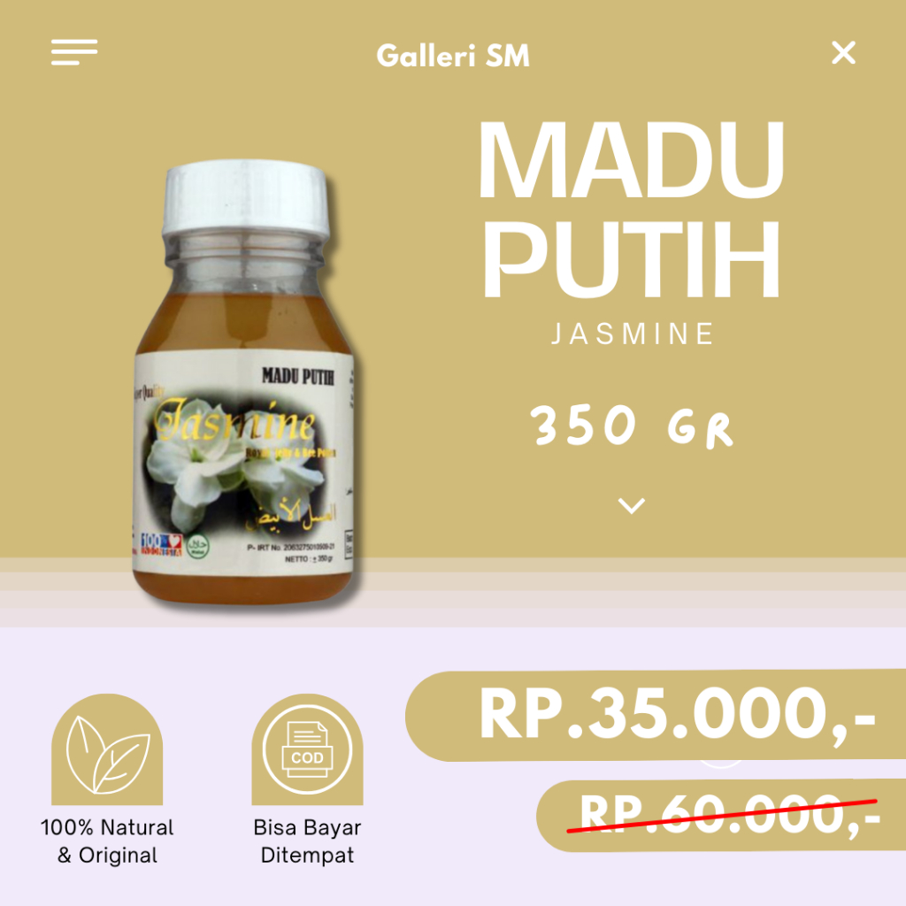 

Madu Putih Jasmine 350 gr Plus Bee Pollen Royal Jelly Asli White Honey Original