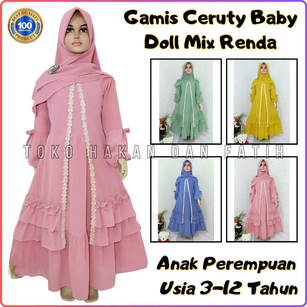 Terbaru  Gamis Ceruty Babydoll Mix Brukat Malika Annak Perempuan Usia 3-12 Tahun | Baju Gamis Muslim