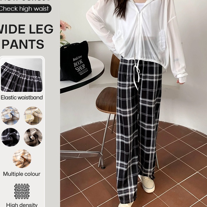 88 celana highwaist Celana tartan kotak kotak celana juso black import wanita korea elastis adem dan