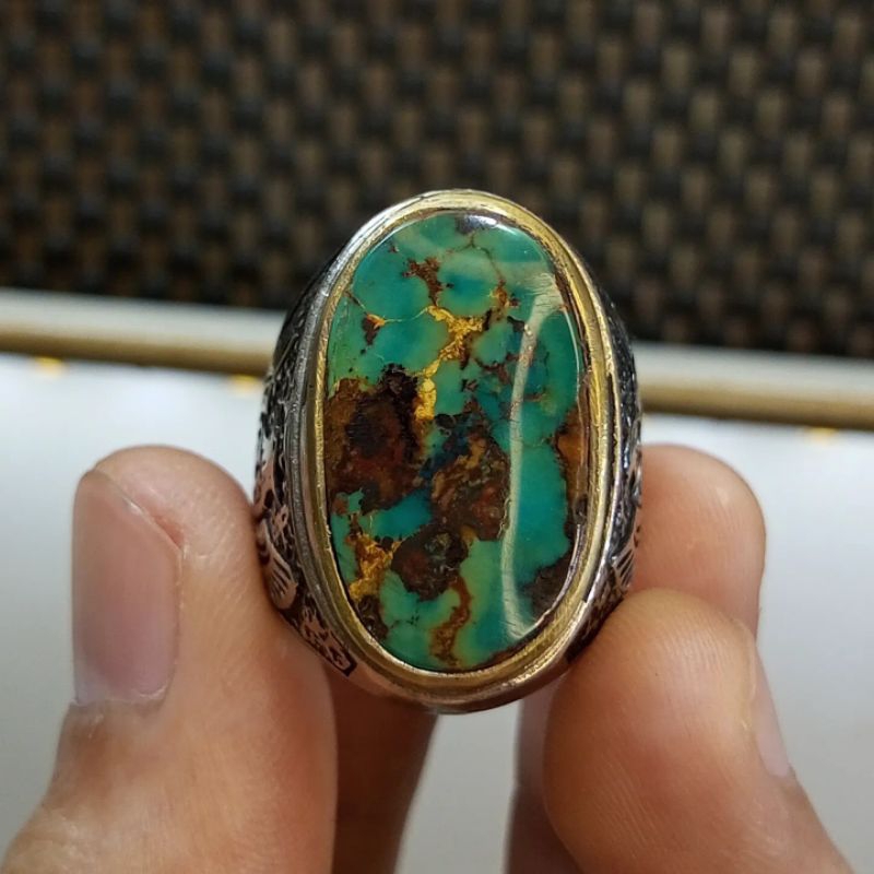 Cincin Batu Pirus Persia Hijau Tua Kedongdong Urat Lawasan