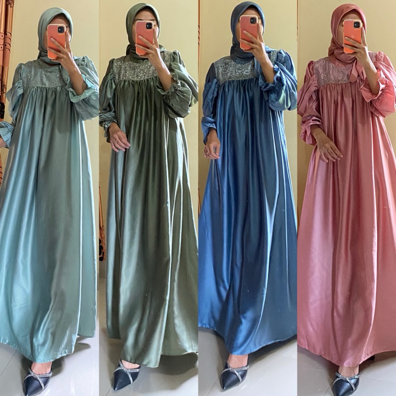Karla Dress Brukat Set Hijab / Dress Silk Brukat / Gamis Set Hijab / Gamis Silk / ocean blue (2507)