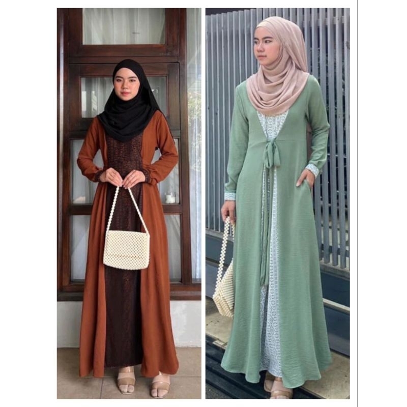 Emos Gamis Dress Polos Layer Kombinasi Brokat Oversize Tangan Panjang Baju  Muslim Premium