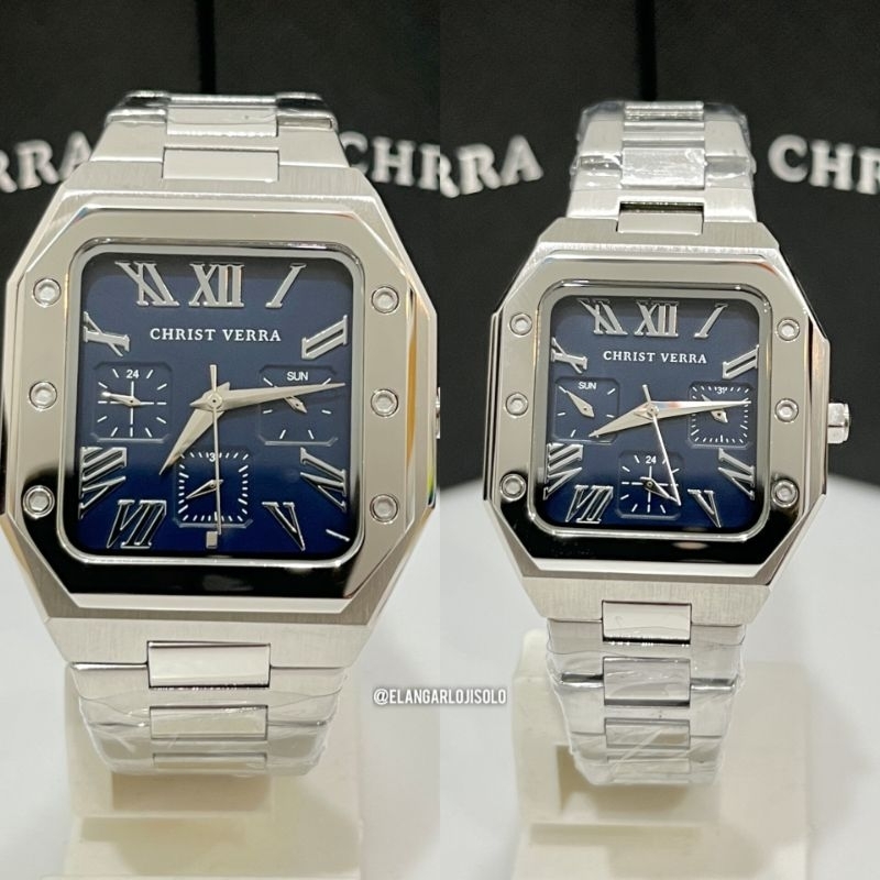 JAM TANGAN COUPLE CHRIST VERRA CV 921790 SILVER NAVY ORIGINAL