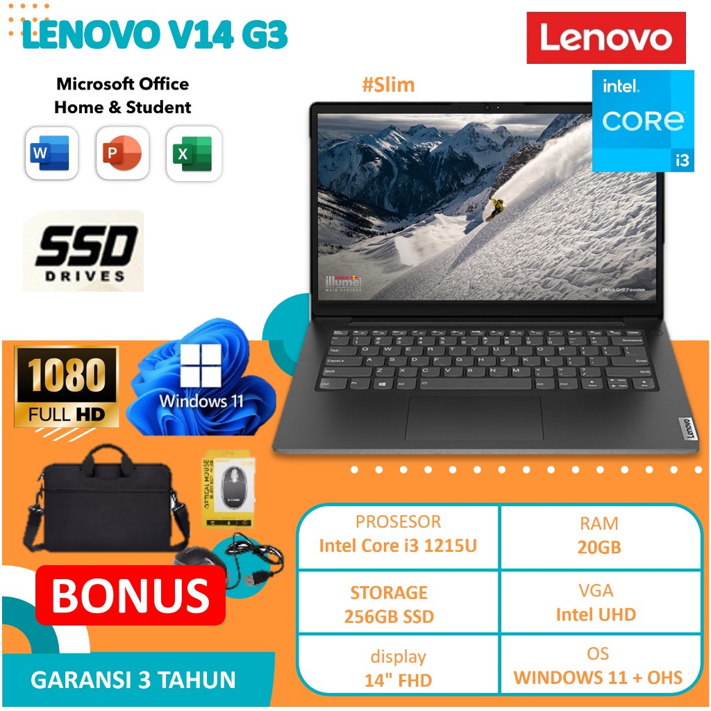 Laptop Sekolah Lenovo V14 G3 i3 1215U 20GB 512GB SSD OHS Grey