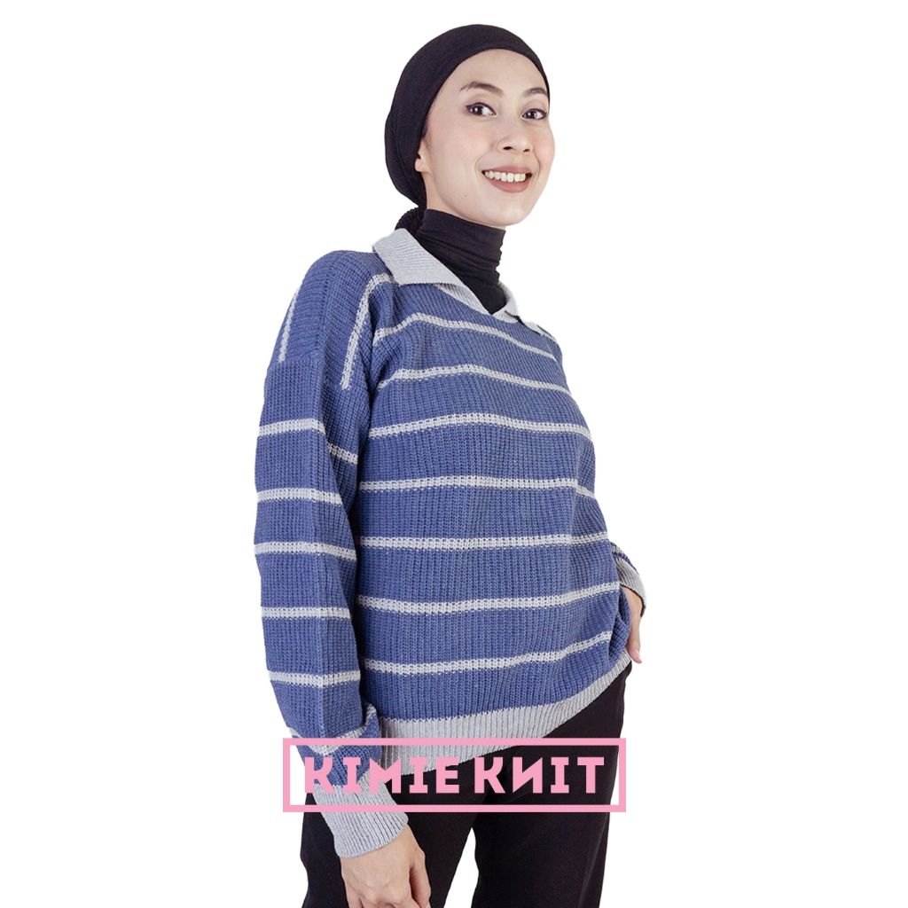 Kimiknit Sweater Rajut Crop Top Polo Wanita Switer Motif Garis Stripe Kerah Tebal