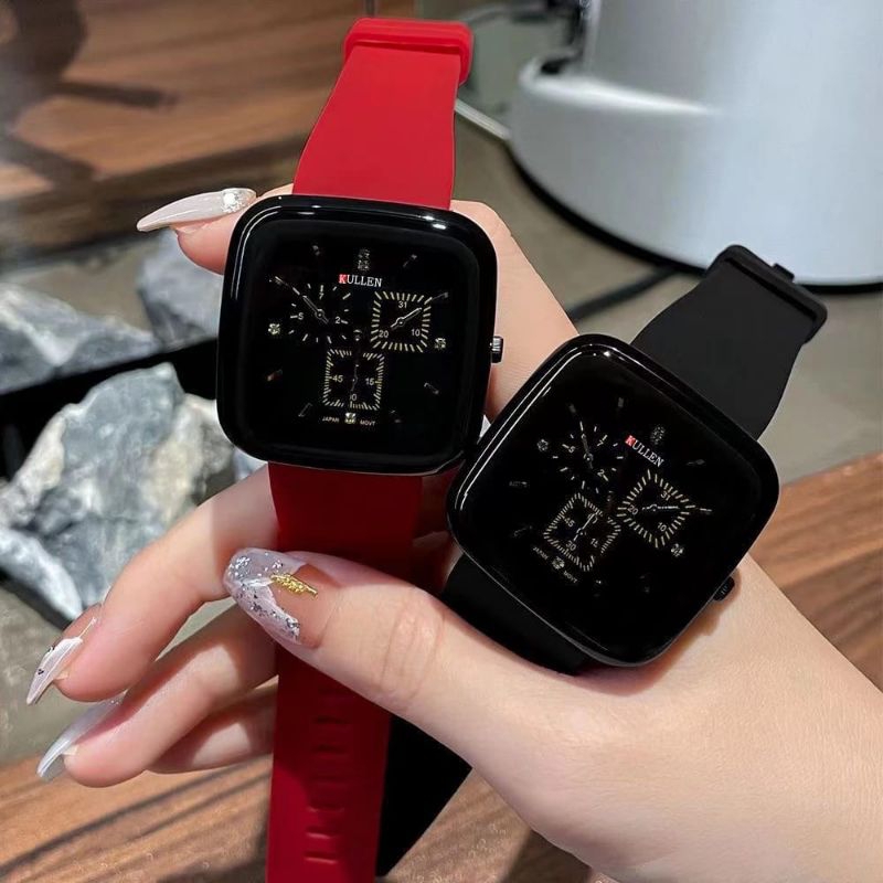 Jam Tangan Wanita Petak Analoh Quartz Persegi Elegan Strap Silicon Mewah Jam Cewek Pria