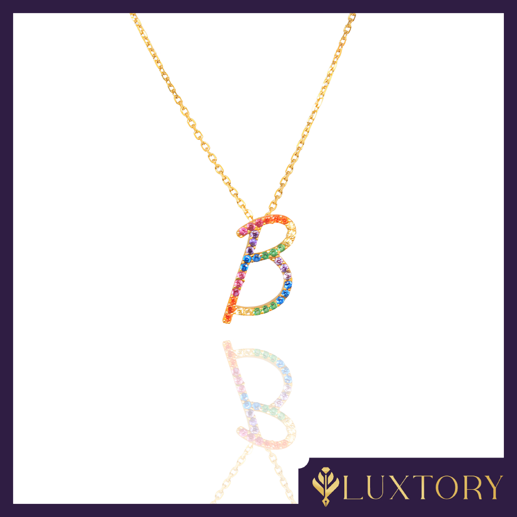 Kalung Emas Huruf "B" Rainbow Permata 8K