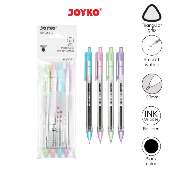 

1 SET / 4 Pcs Ball Pen Pulpen Pena Joyko BP-363-4 Vokus Trans PTL 0.7 mm