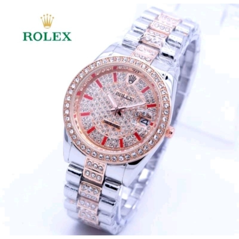 TERLARIS JAM TANGAN ROLEX WANITA MOTIF PERMATA ELEGAN MODE ANALOG FREE BOX ORI
