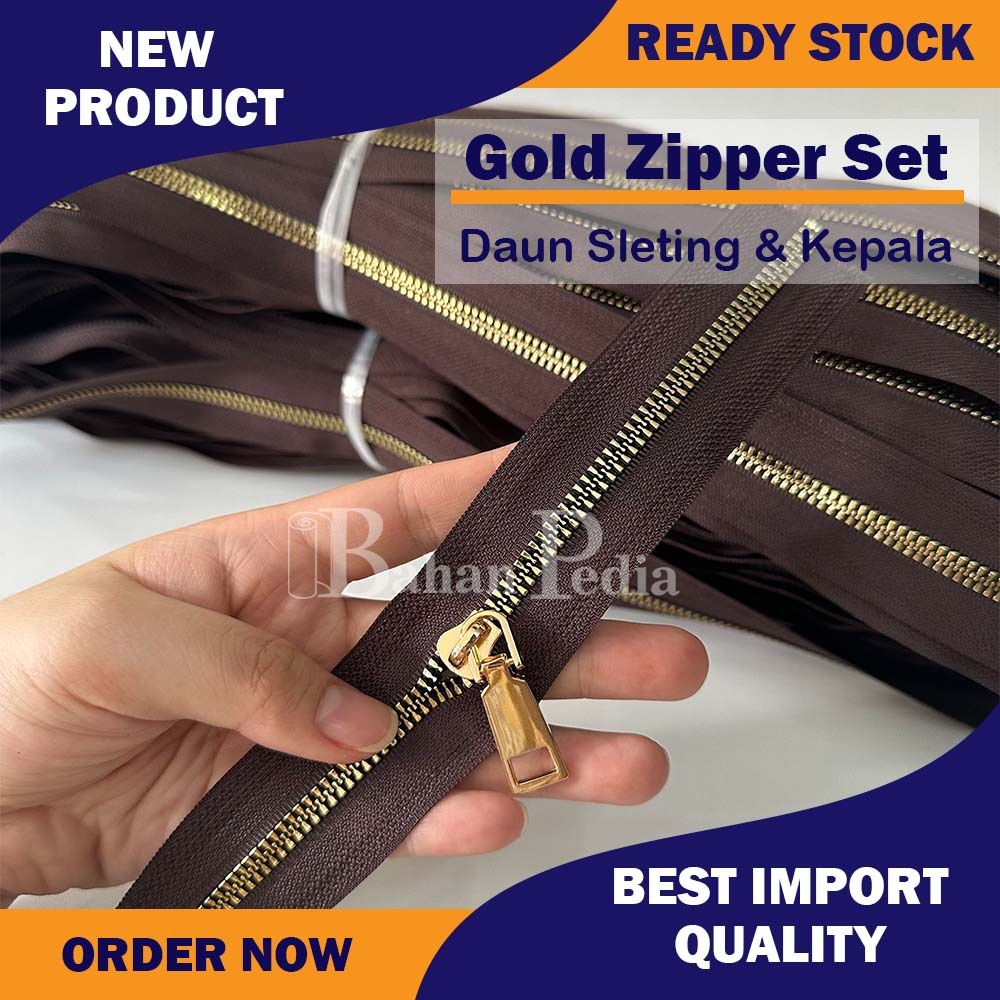 [5MTR + 1 lusin] Daun Sleting dan Kepala Resleting Zipper Head Gigi Besi Rose Gold Emas Muda No. 5