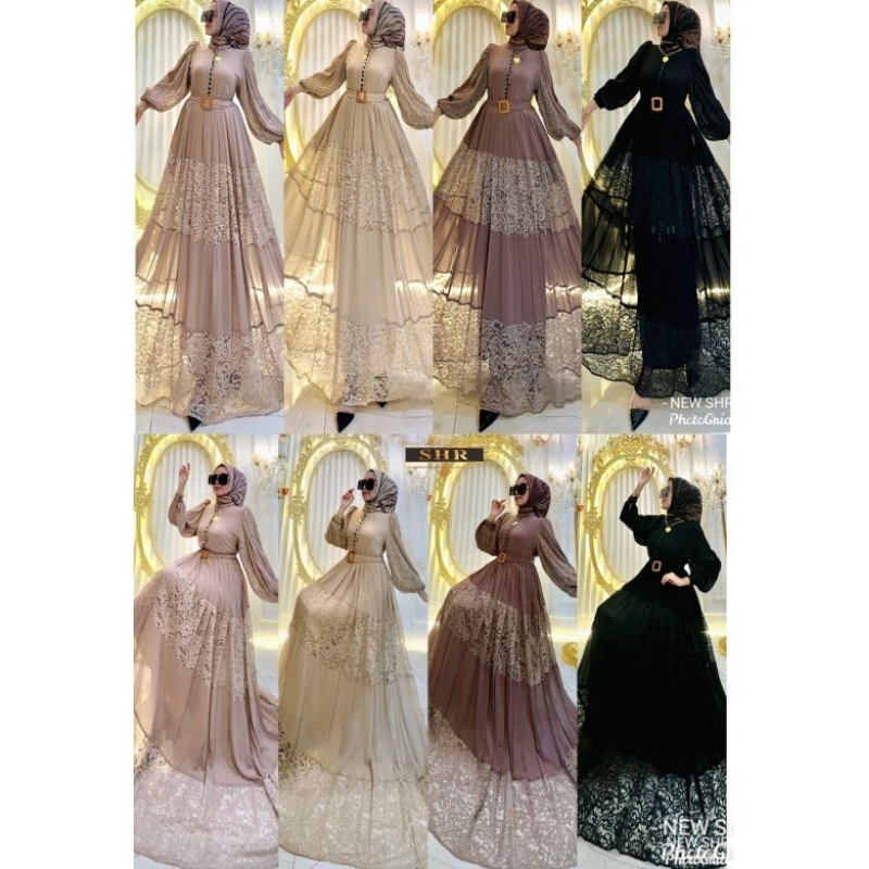 Ready Gamis Ceruty  Payet Brokat Gliter Full Furing Lengan Plisket Ori SHR