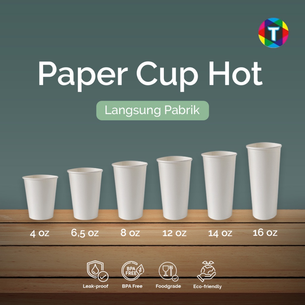 Paper Cup Polos 4oz 6,5oz 8oz 12oz 14oz 16oz Hot + Tutup / Gelas Kertas Minuman Kopi Tahan Panas / H