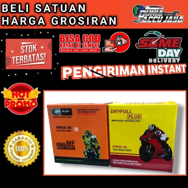 Aki motor kering GROSIR dryplus dan dryfull gm5z-3b 12v untuk motor bebek Mio sporty Jupiter MX/MXCW